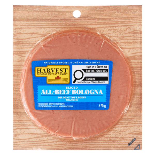 Package of sliced bologna on a white background.
