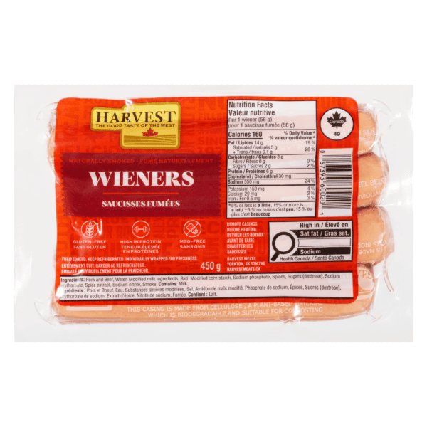 A package of Harvest Meats wieners on a white background