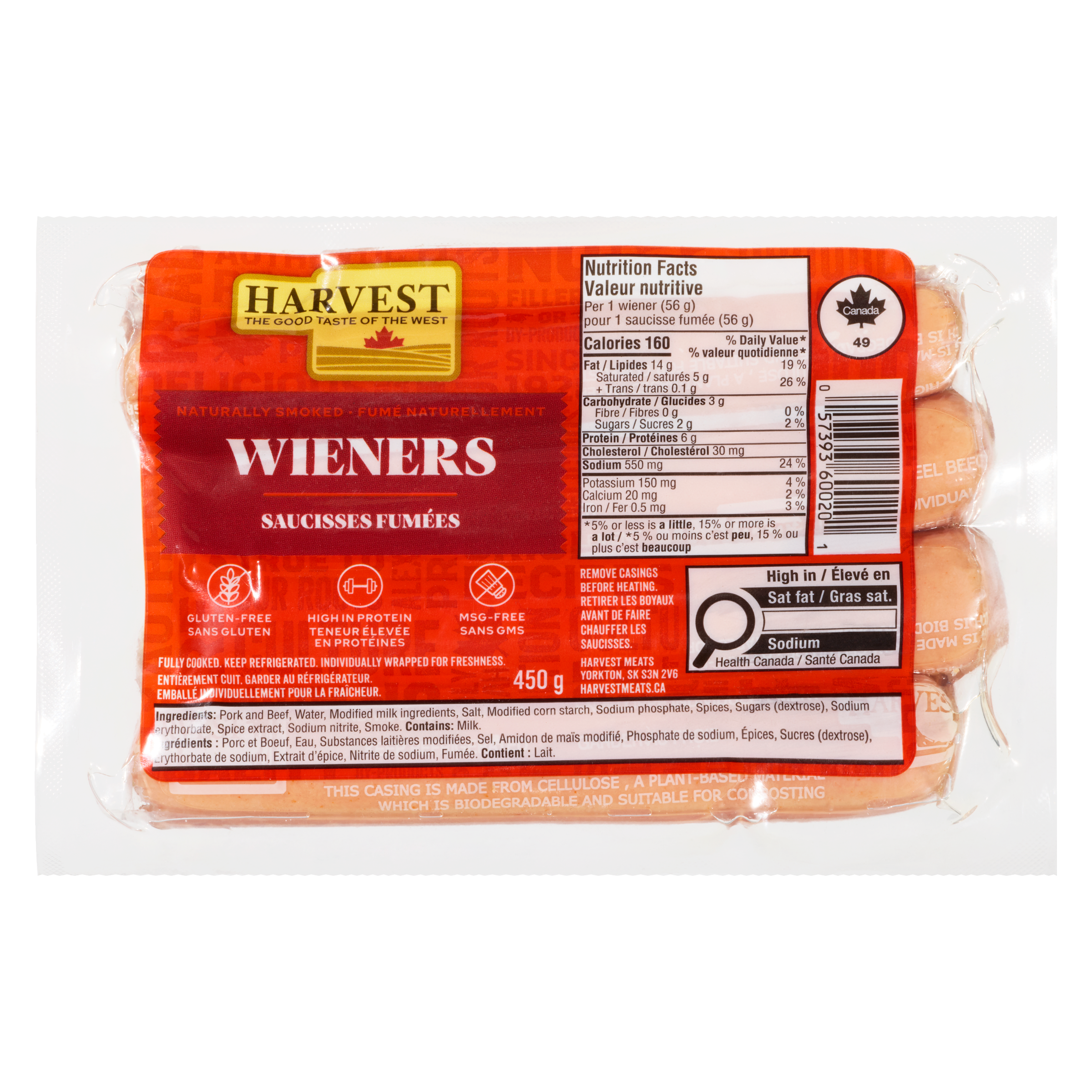 A package of Harvest Meats wieners on a white background