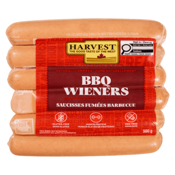 A package of Harvest Meats wieners on a white background