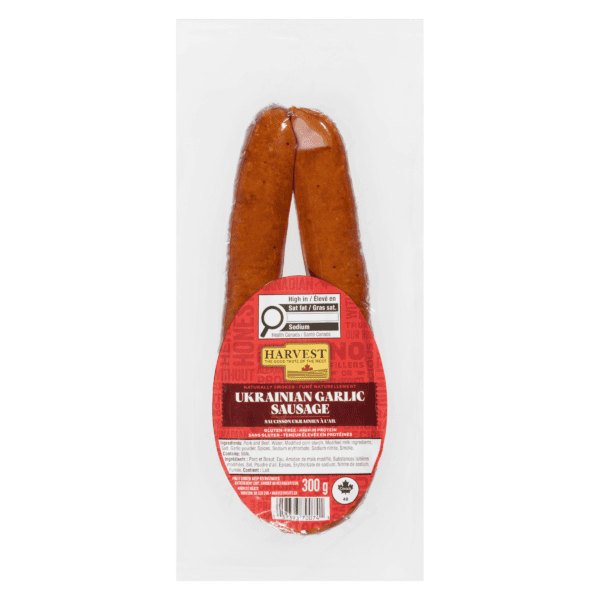 Harvest Meats garlic sausage in package on white background.