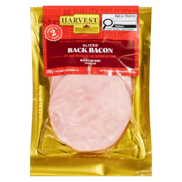 A package of sliced back bacon on a white background
