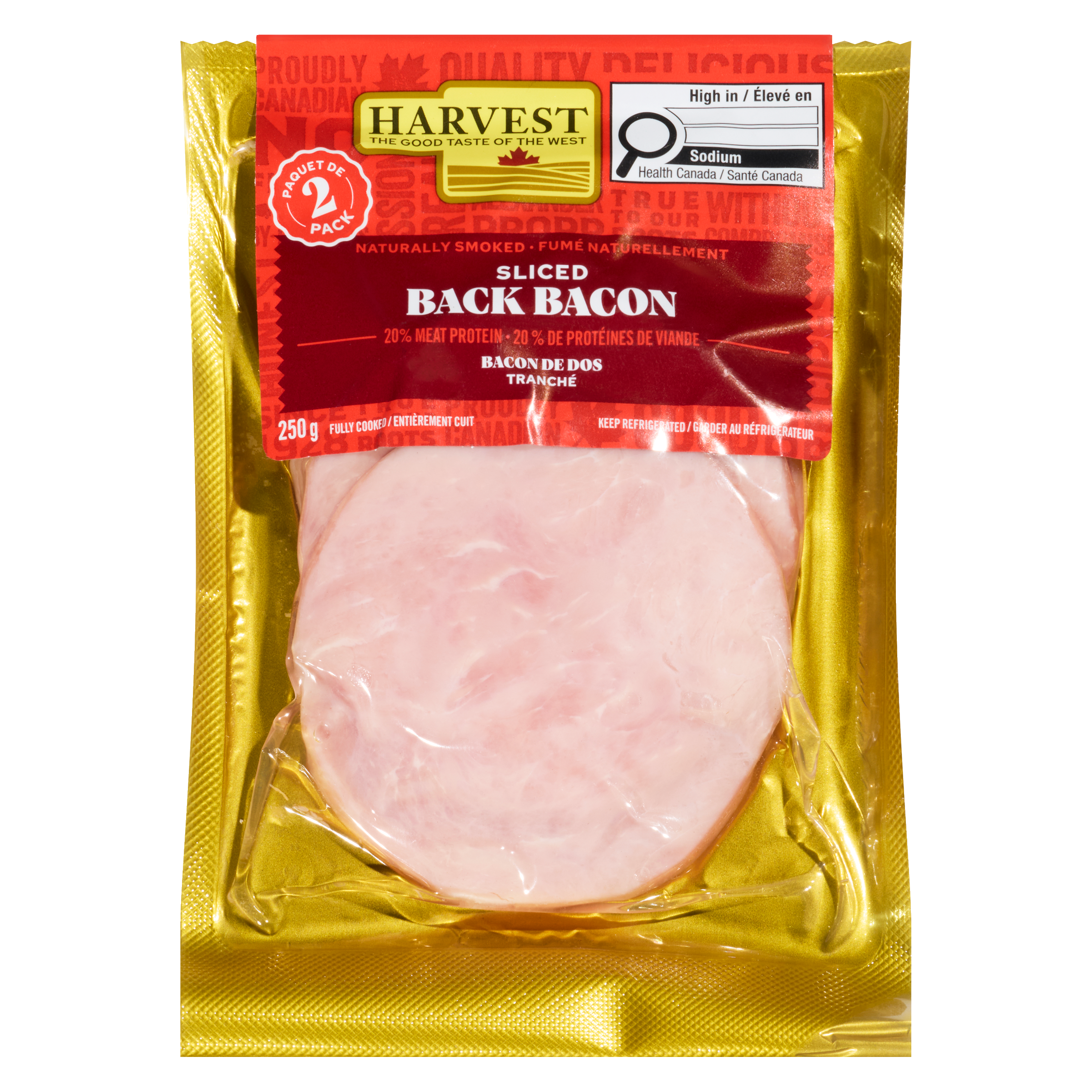A package of sliced back bacon on a white background