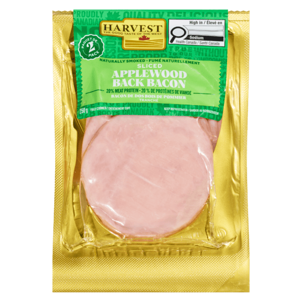 A package of back bacon on a white background