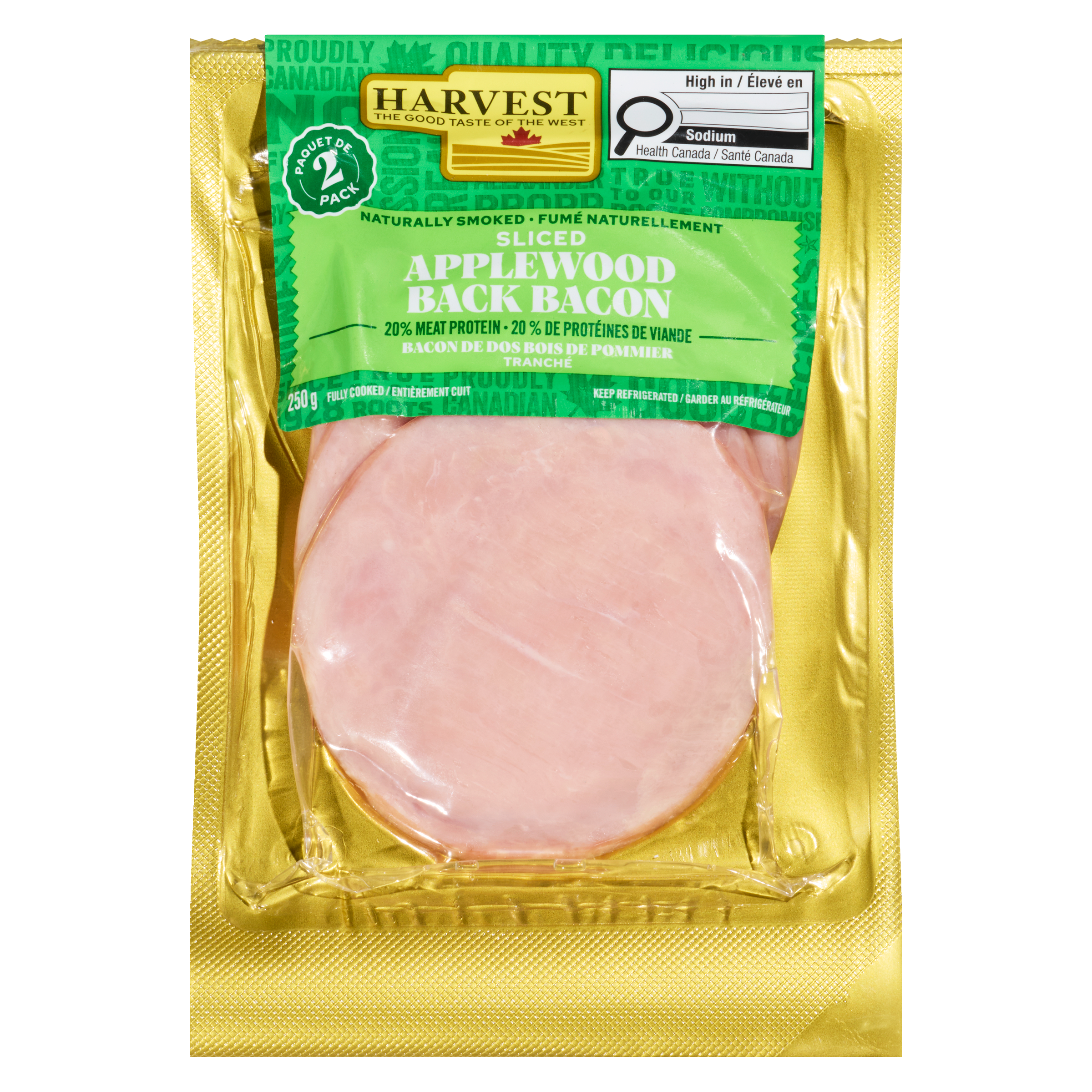 A package of back bacon on a white background