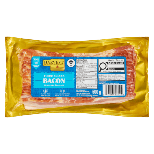 A package of thick sliced bacon on a white background