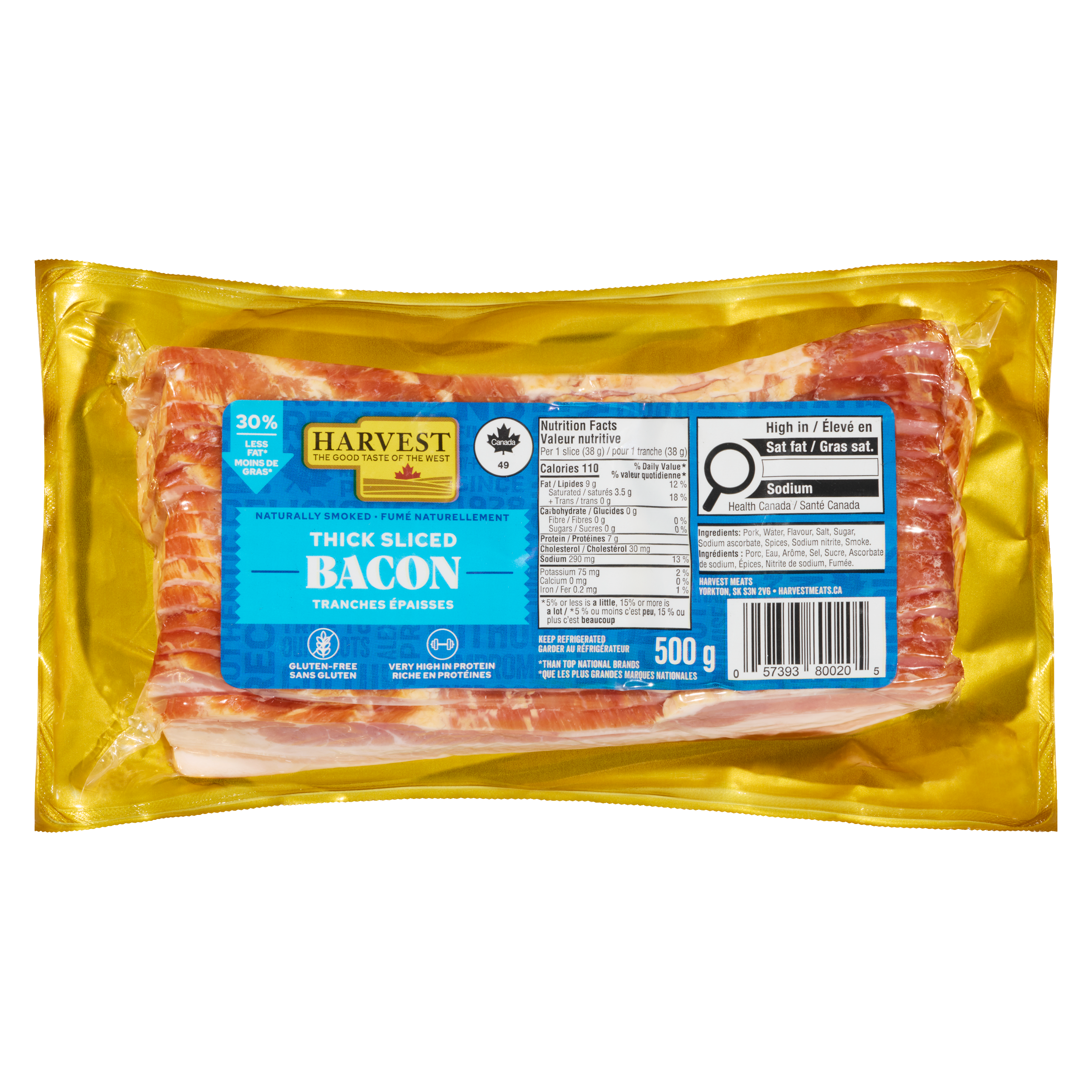 A package of thick sliced bacon on a white background