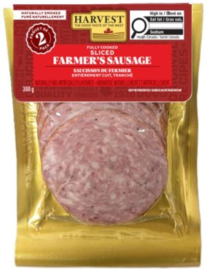 A package of Harvest Meats sliced farmer's sausage on a white background.