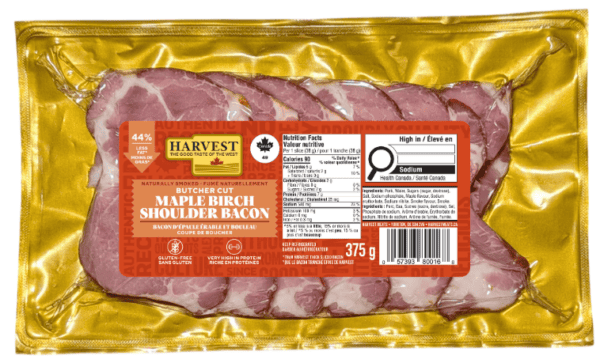 A package of sliced maple birch shoulder bacon on a white background